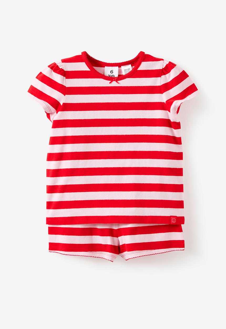 Cotton On - Dreamdrift Puff Sleeve Short Sleeve Pj Set - Bobbi Stripe Varsity Red/Ballet Pink