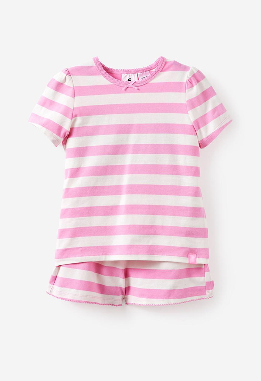 Cotton On - Dreamdrift Puff Sleeve Short Sleeve Pj Set - Bobbi Stripe Strawberry Milk/Vanilla