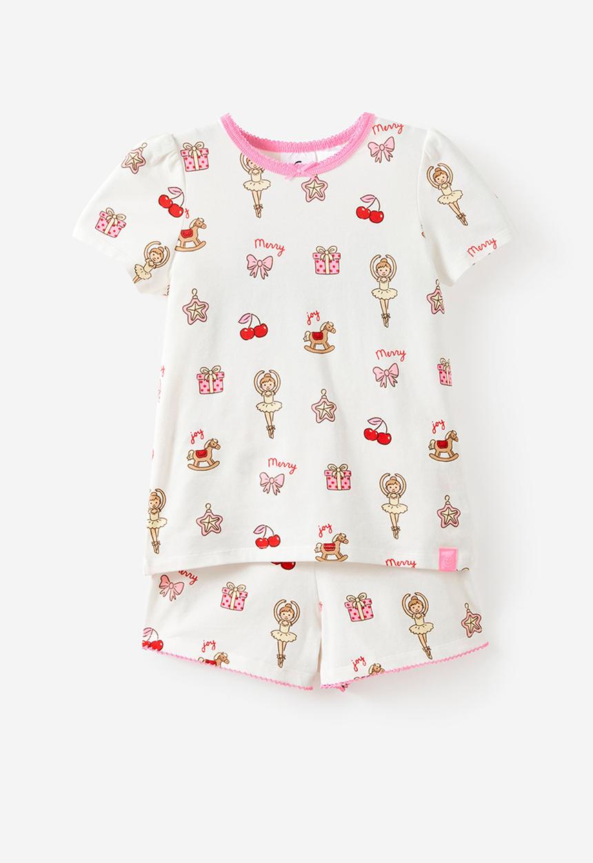 Cotton On - Dreamdrift Puff Sleeve Short Sleeve Pj Set - Vanilla/Merry Glow