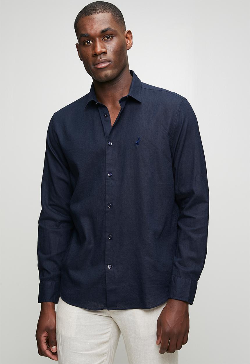 POLO - MENS LS PLAIN LINEN BLEND SHIRT - Navy