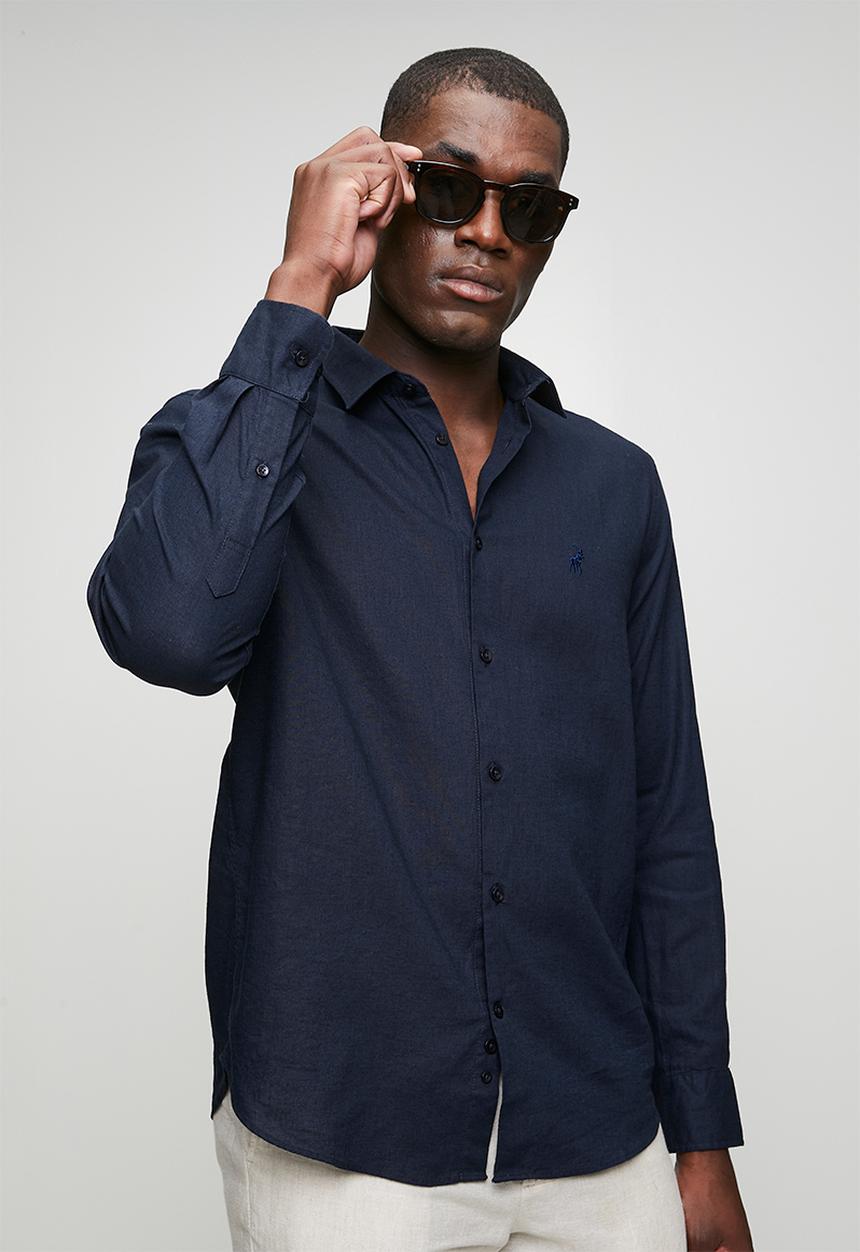 POLO - MENS LS PLAIN LINEN BLEND SHIRT - Navy