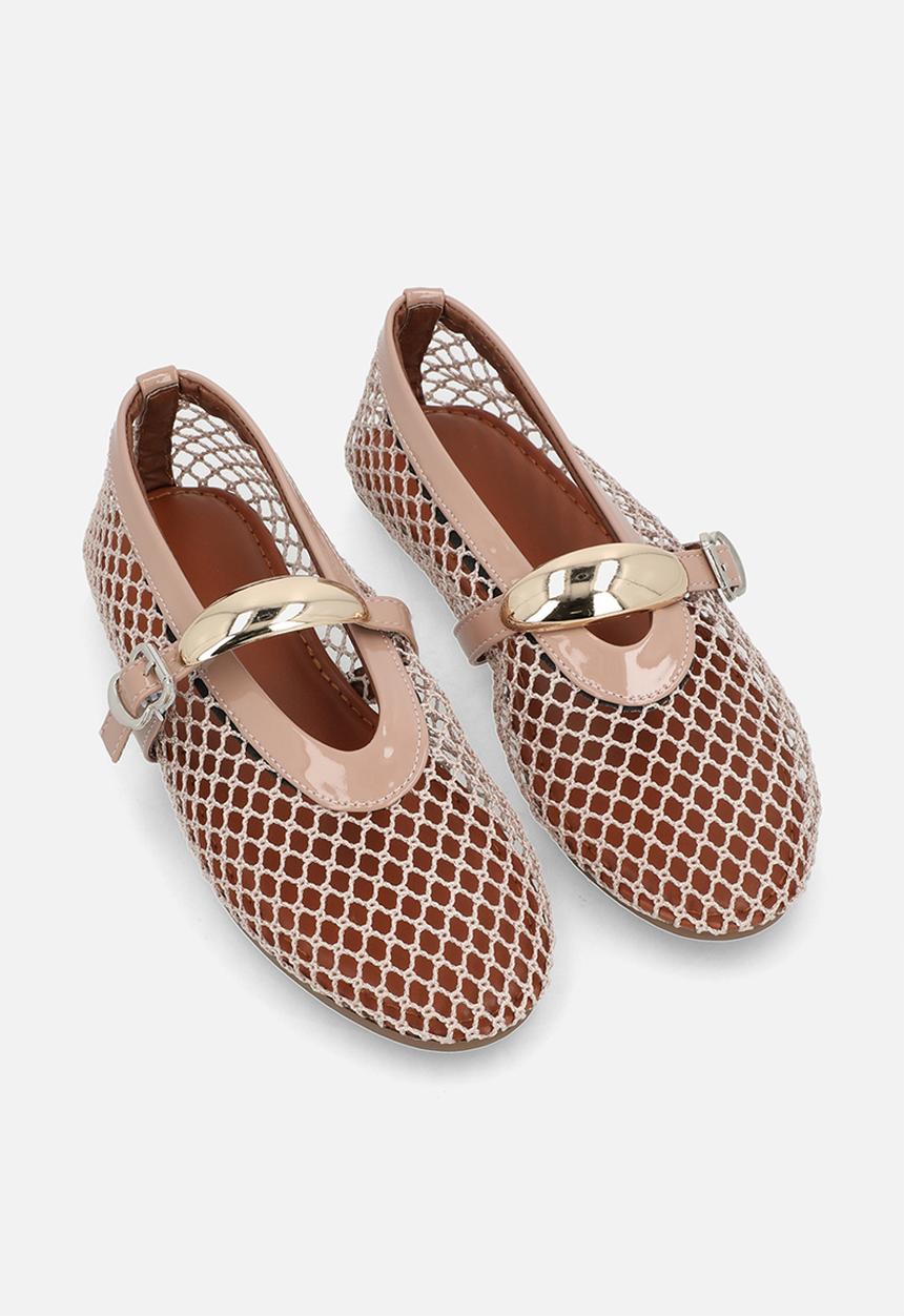 Pop Candy - Fishnet mesh ballet flats with gold accent - neutral