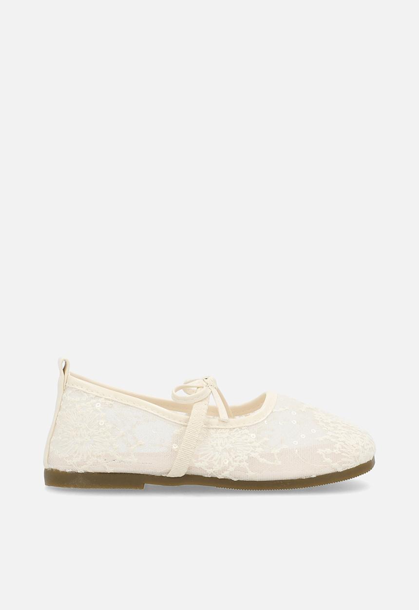 Pop Candy - Embroidered mesh square tip ballet flats - white