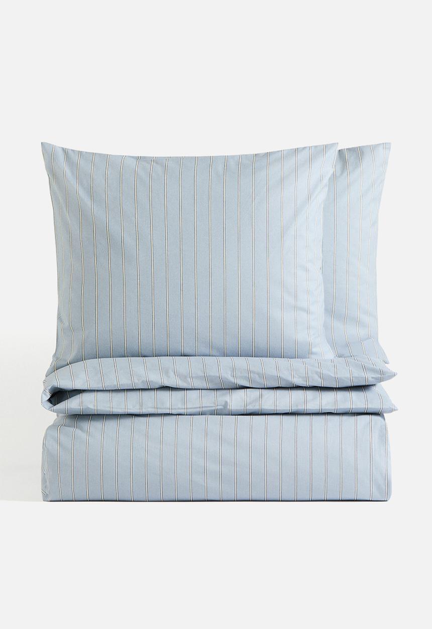 H&M - Striped double/king duvet cover set - light dusty blue/striped