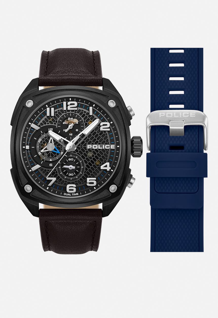 Police - Ip Blk Case Brown Leather Strap Silicone - Blue