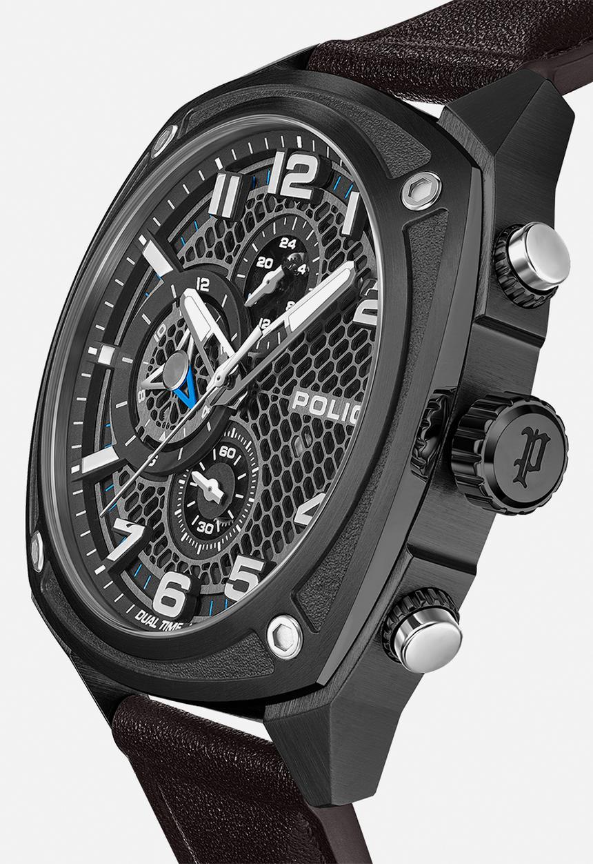 Police - Ip Blk Case Brown Leather Strap Silicone - Blue