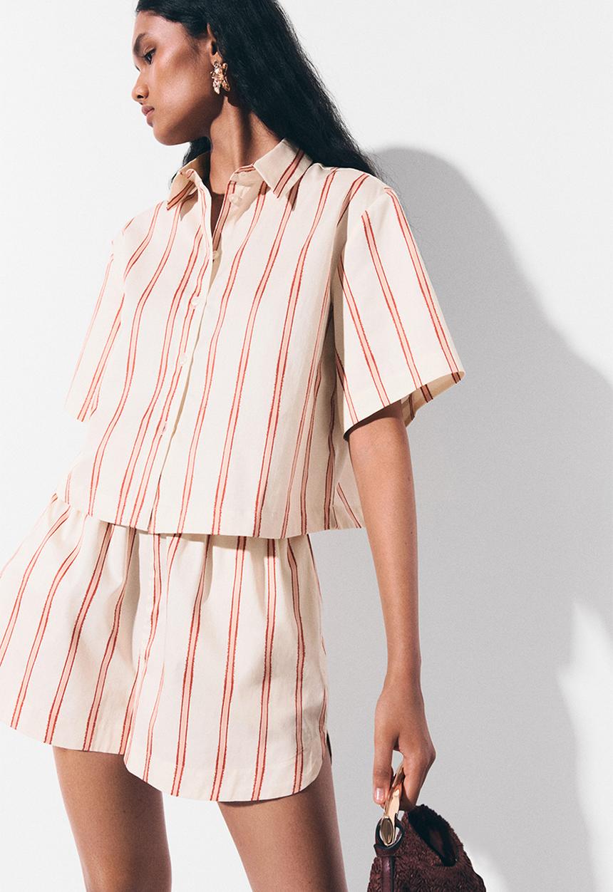 H&M - Patterned poplin shirt - light beige/striped