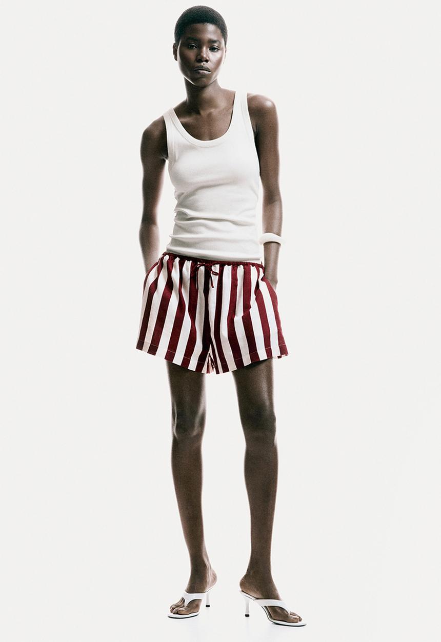 H&M - Linen-blend shorts - dark red/striped