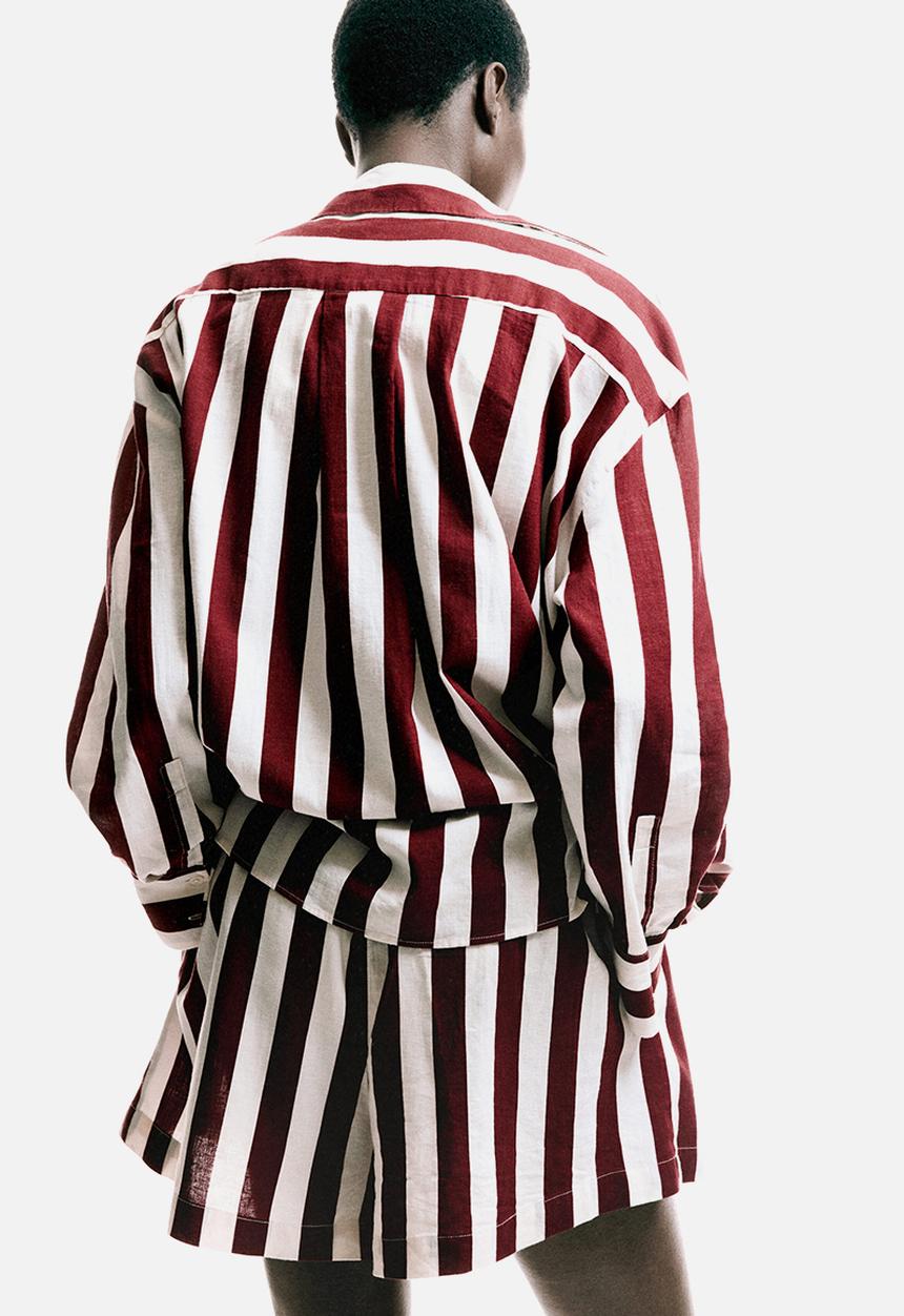 H&M - Linen-blend shorts - dark red/striped
