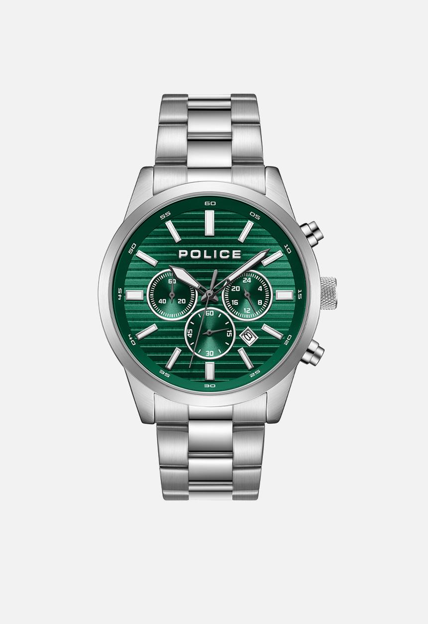 Police - Steel Case Green Dial Steel Strap - Silver