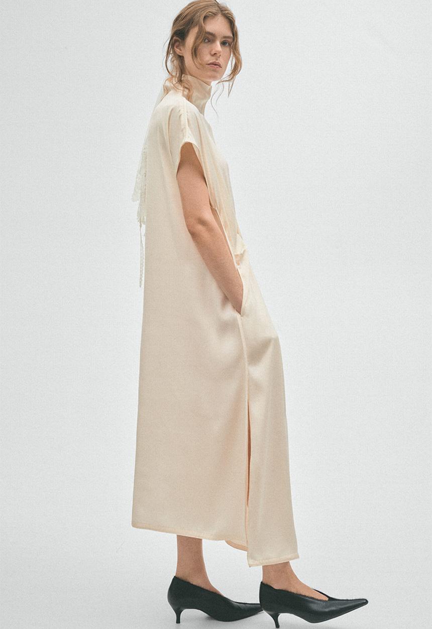 H&M - High-collar satin dress - light beige