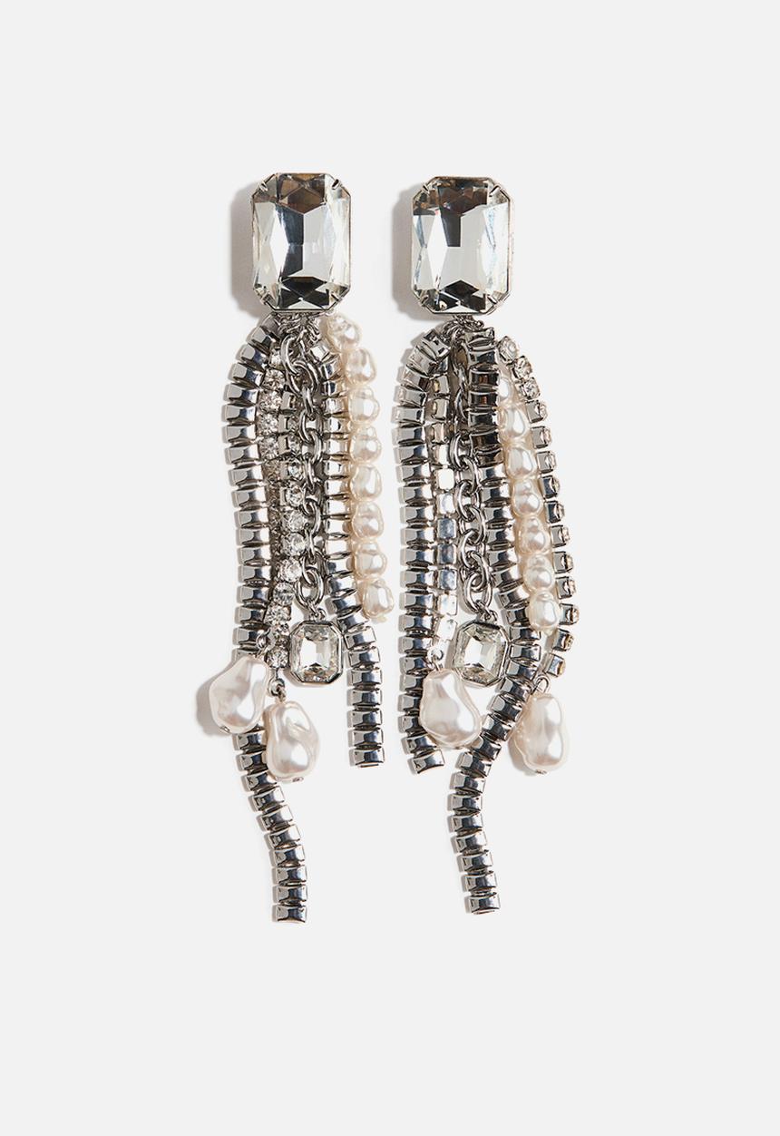 H&M - Long rhinestone clip earrings - silver-coloured/cream