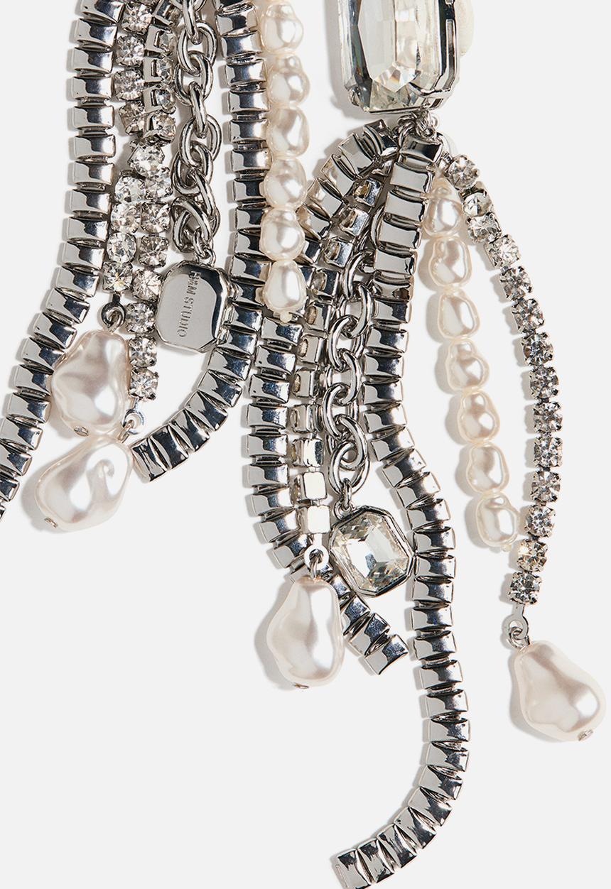 H&M - Long rhinestone clip earrings - silver-coloured/cream