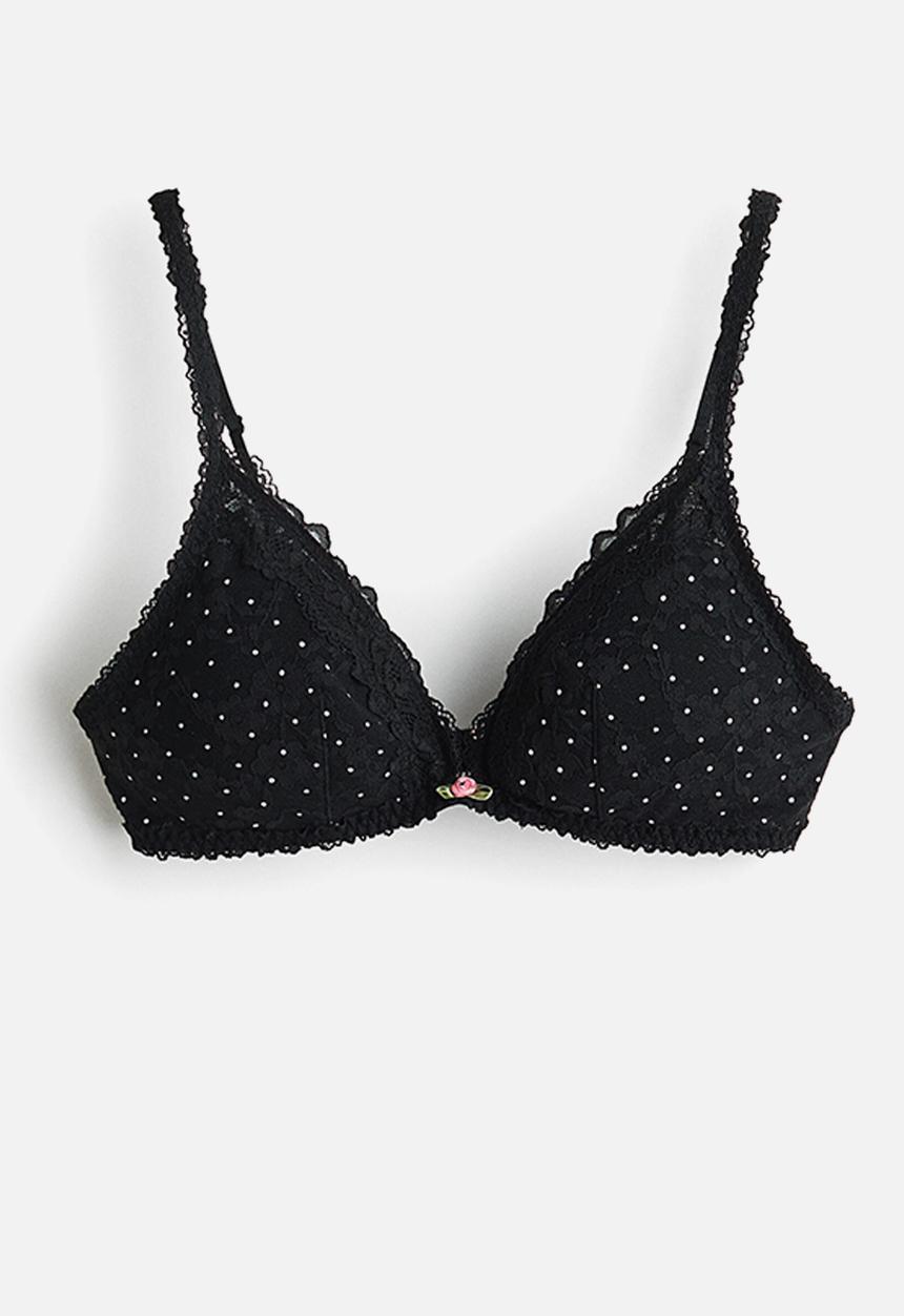 H&M - Padded soft lace bra - black/polka dot