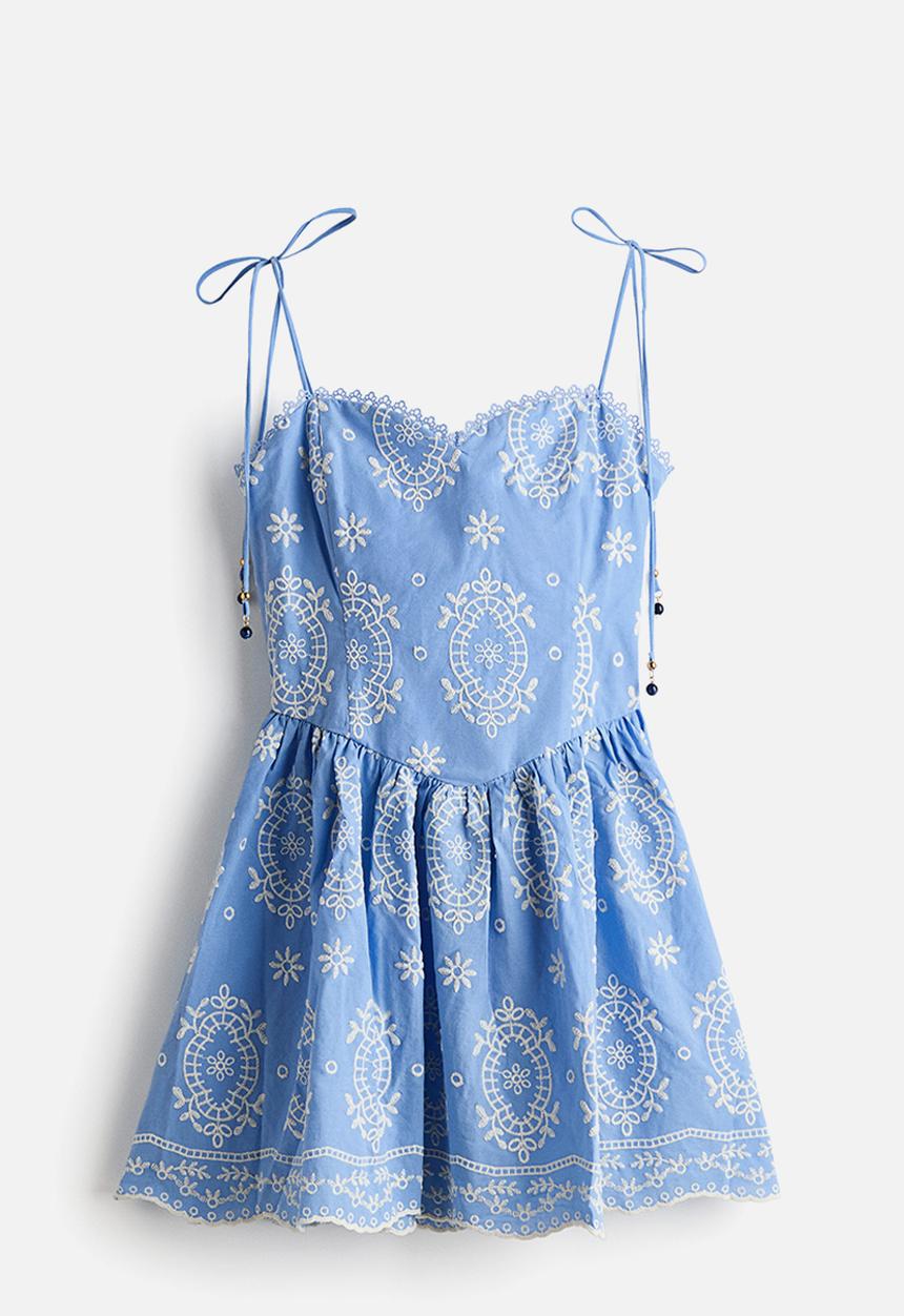 H&M - Embroidered tie-strap dress - light blue/patterned
