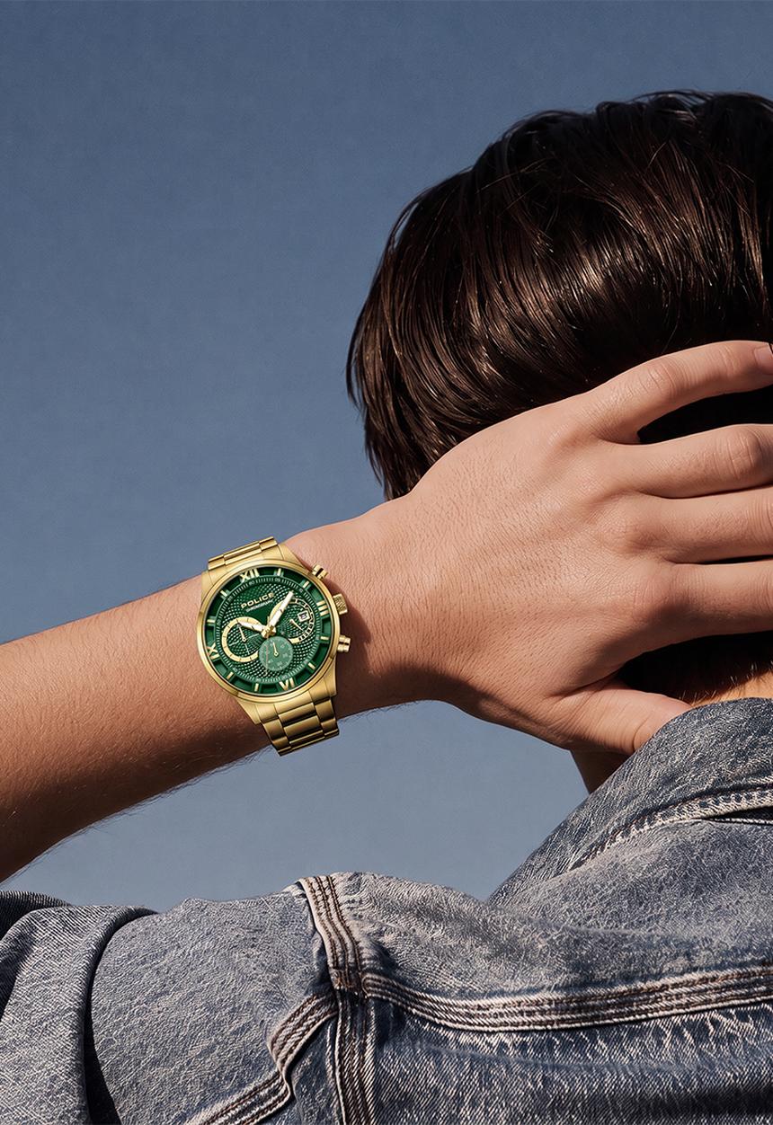 Police - Ip Gold Case Green Dial Gold Bracelet Strap - Gold