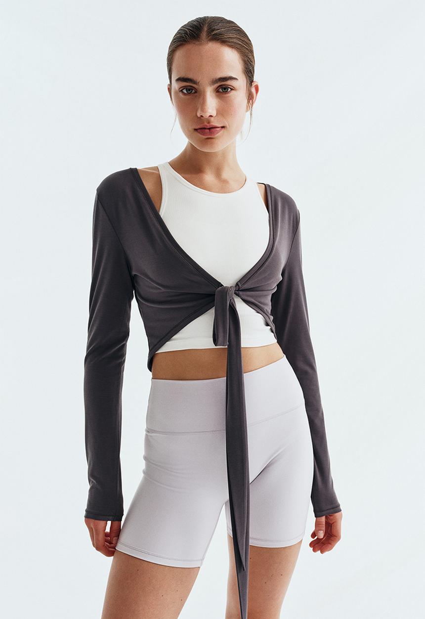 H&M - Cropped tie-front yoga top with softmove™ - slate grey