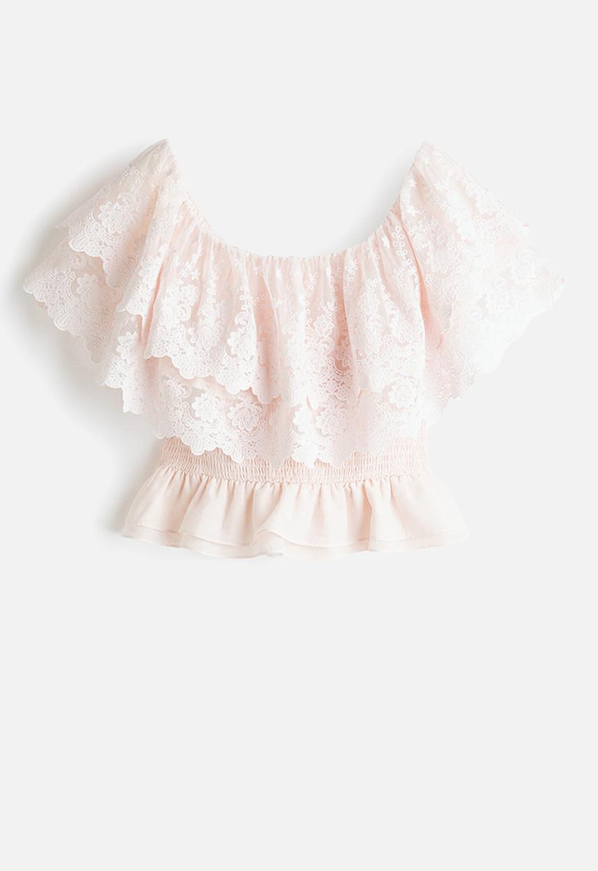 H&M - Flounced off-the-shoulder top - light pink
