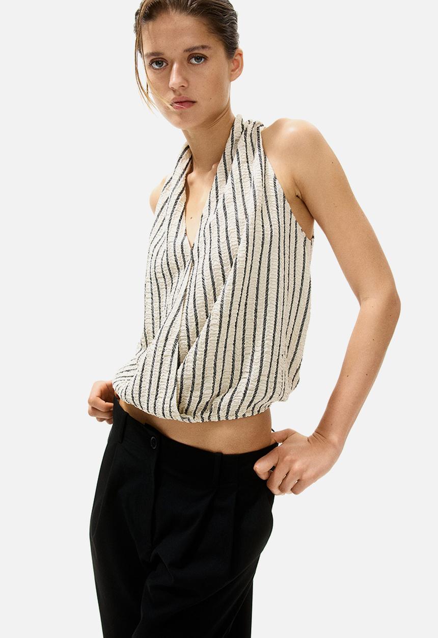 H&M - Crinkled v-neck top - light beige/striped