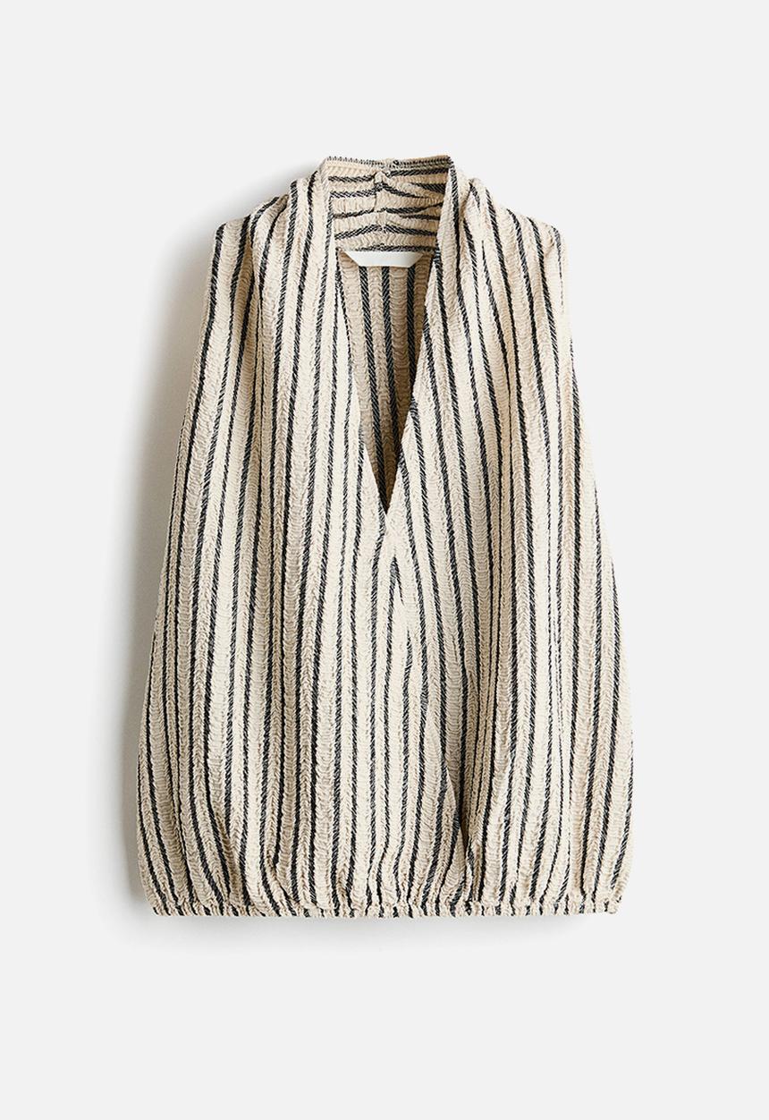 H&M - Crinkled v-neck top - light beige/striped
