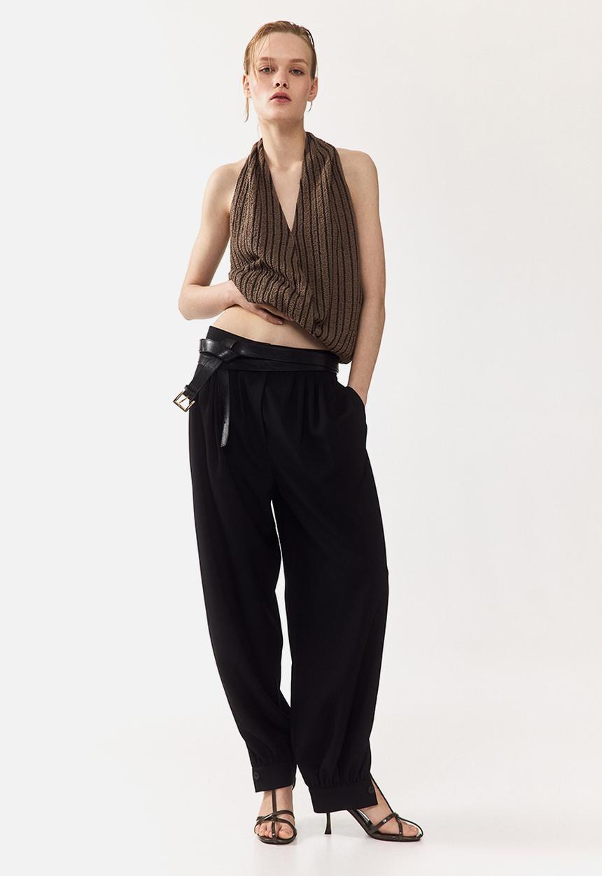 H&M - Crinkled v-neck top - dark mole/striped