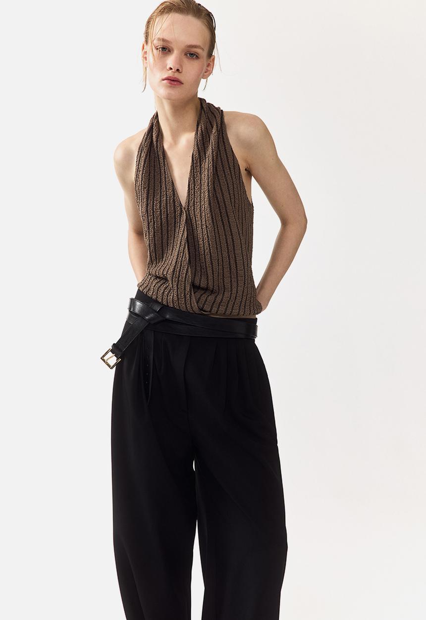 H&M - Crinkled v-neck top - dark mole/striped