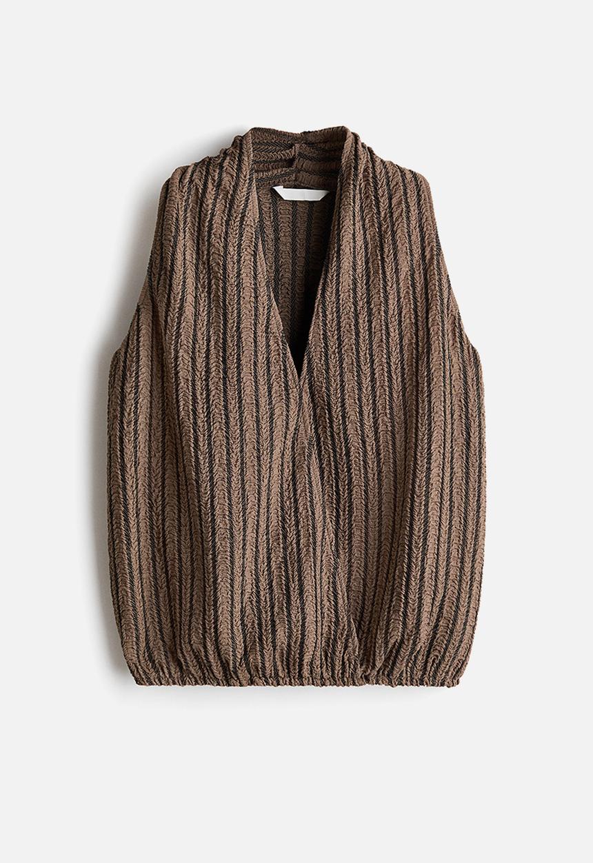 H&M - Crinkled v-neck top - dark mole/striped