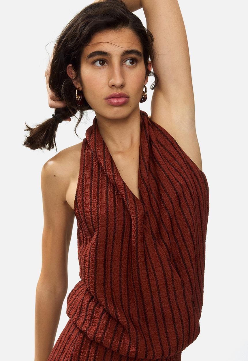 H&M - Crinkled v-neck top - rust brown/striped