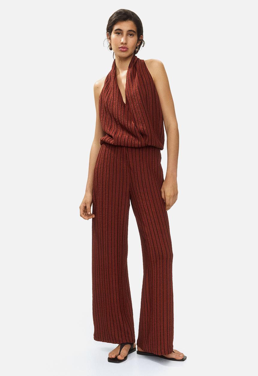 H&M - Crinkled v-neck top - rust brown/striped