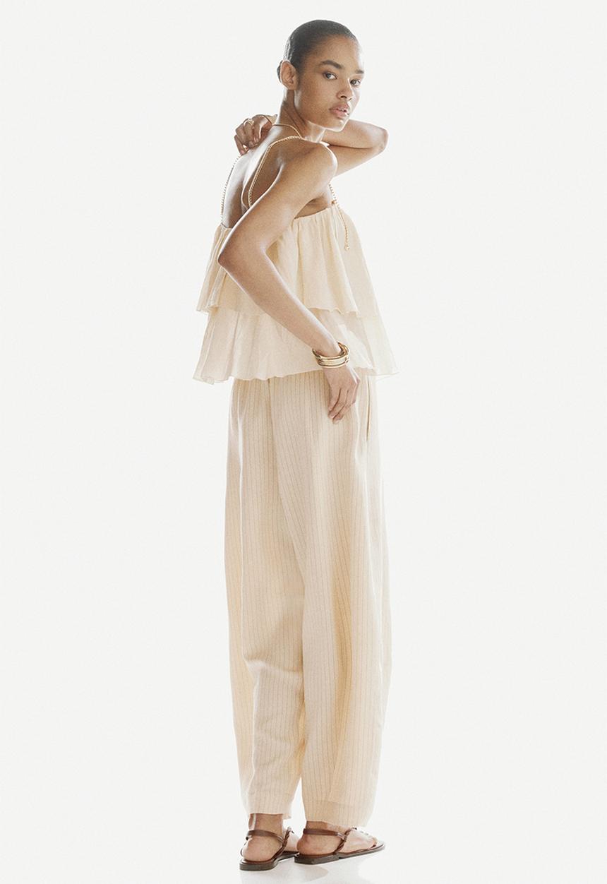 H&M - Modal-blend barrel trousers - light beige/striped