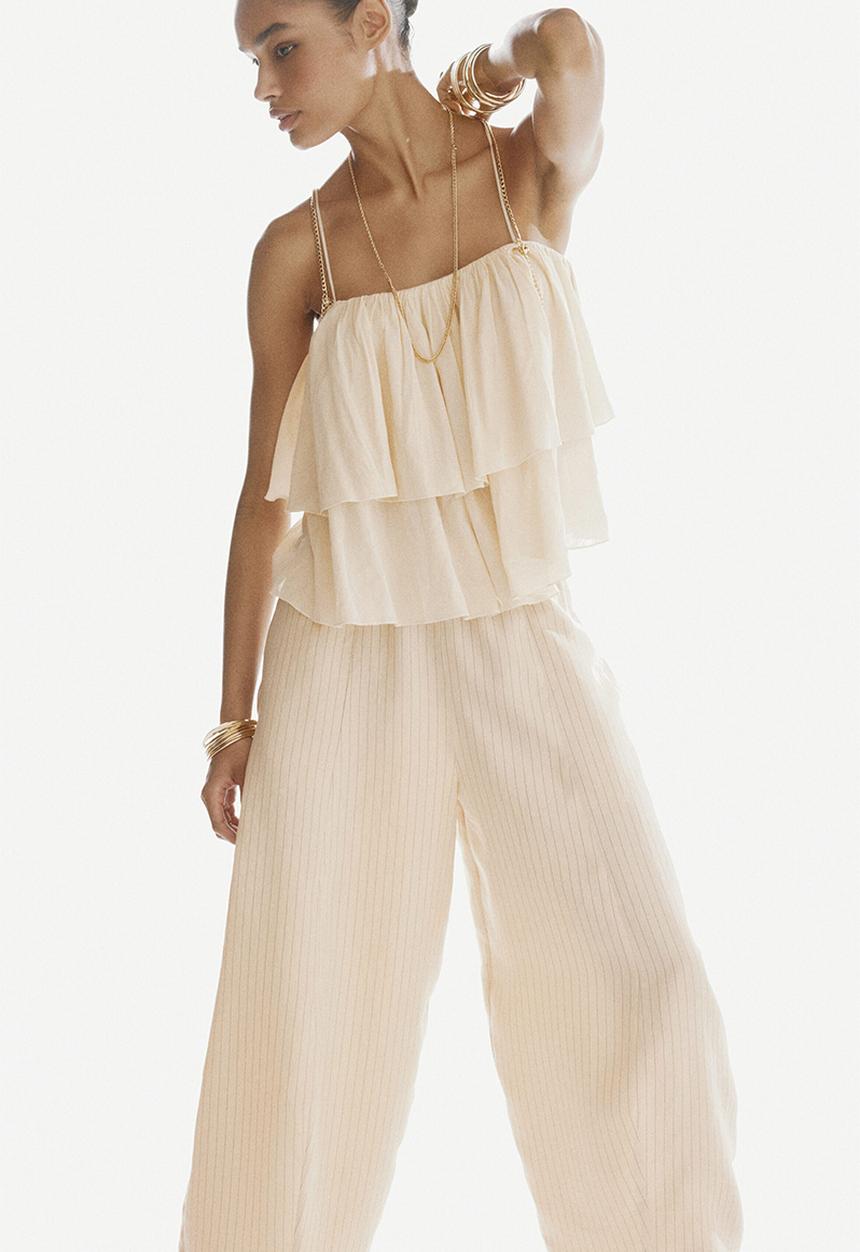 H&M - Modal-blend barrel trousers - light beige/striped