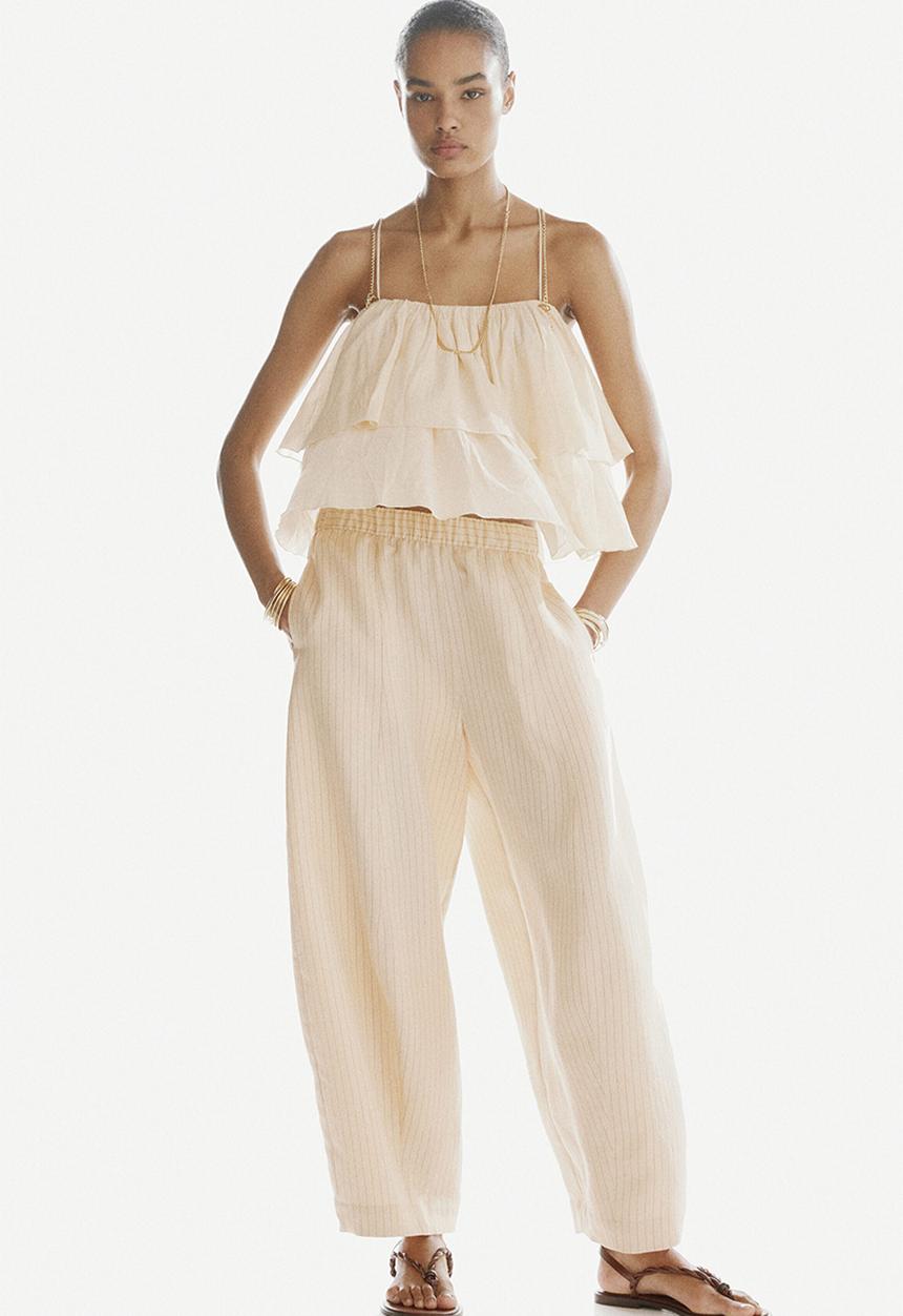 H&M - Modal-blend barrel trousers - light beige/striped