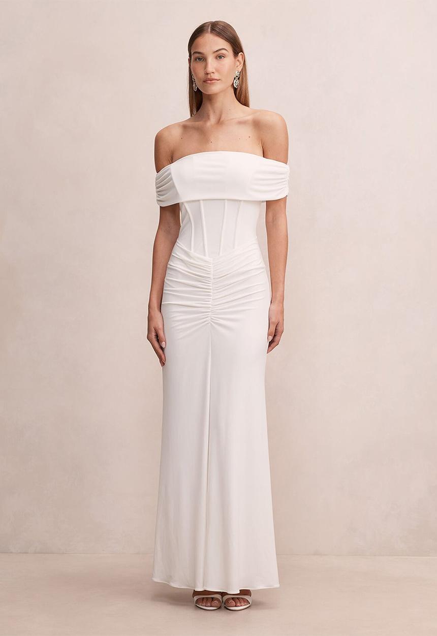 Forever New - Ania ruched bardot maxi dress in porcelain