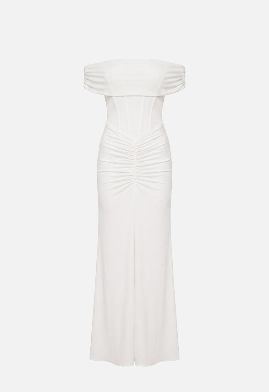 Forever New - Ania ruched bardot maxi dress in porcelain