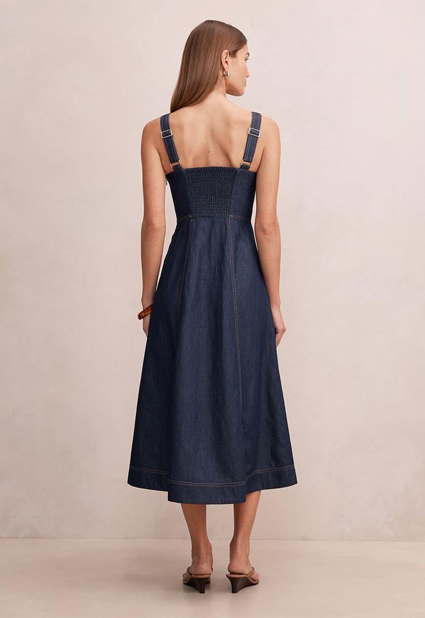Forever New - Anna v neck chambray midi dress in dark indigo chambray