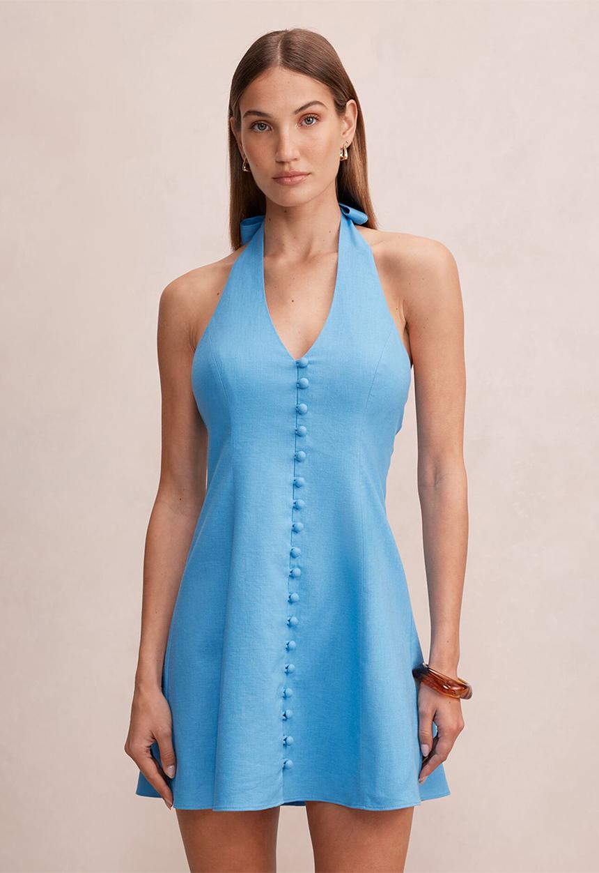 Forever New - Ina button front halter mini dress in blue lemonade