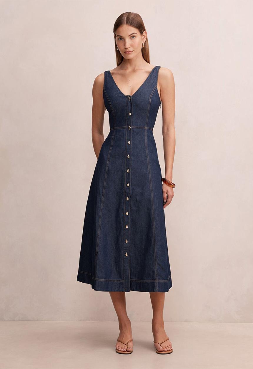 Forever New - Anna v neck chambray midi dress in dark indigo chambray