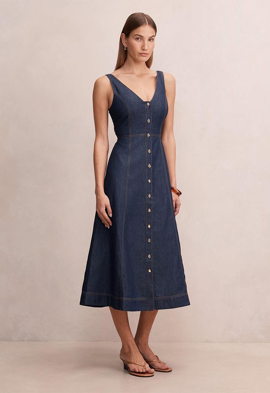 Forever New - Anna v neck chambray midi dress in dark indigo chambray