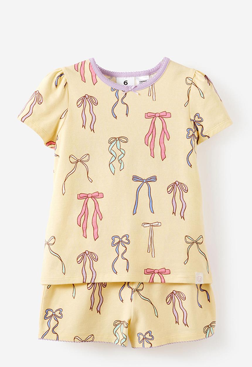 Cotton On - Dreamdrift Puff Sleeve Short Sleeve Pj Set - Butter Yellow/Bow Glow