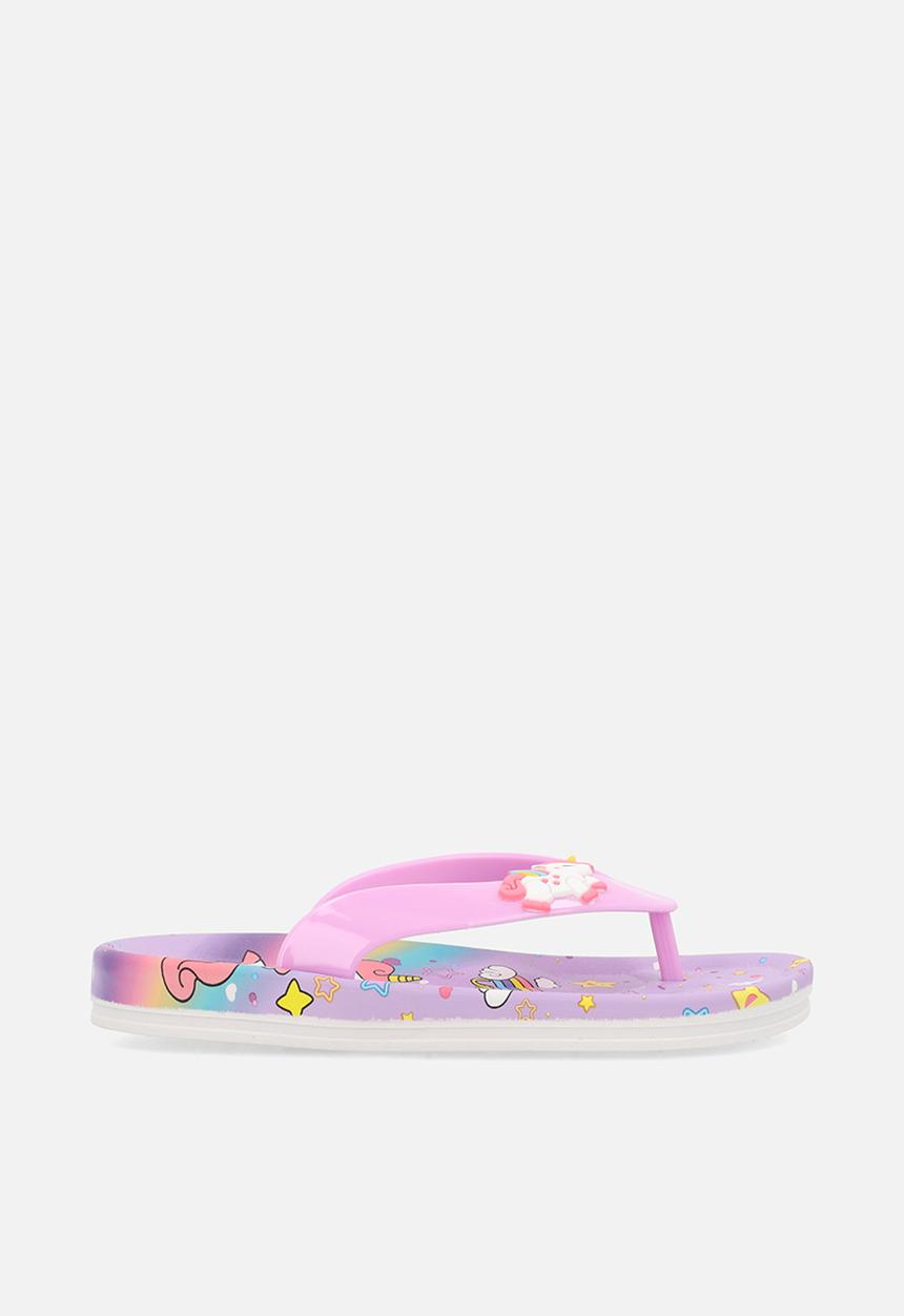 Pop Candy - Unicorn graphic platform flip flops - lilac/multi