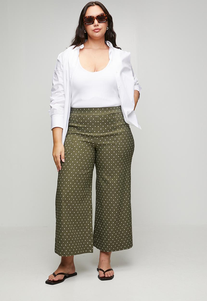 Me&B - Plus Bengaline Wide Leg Crop Pant - Green