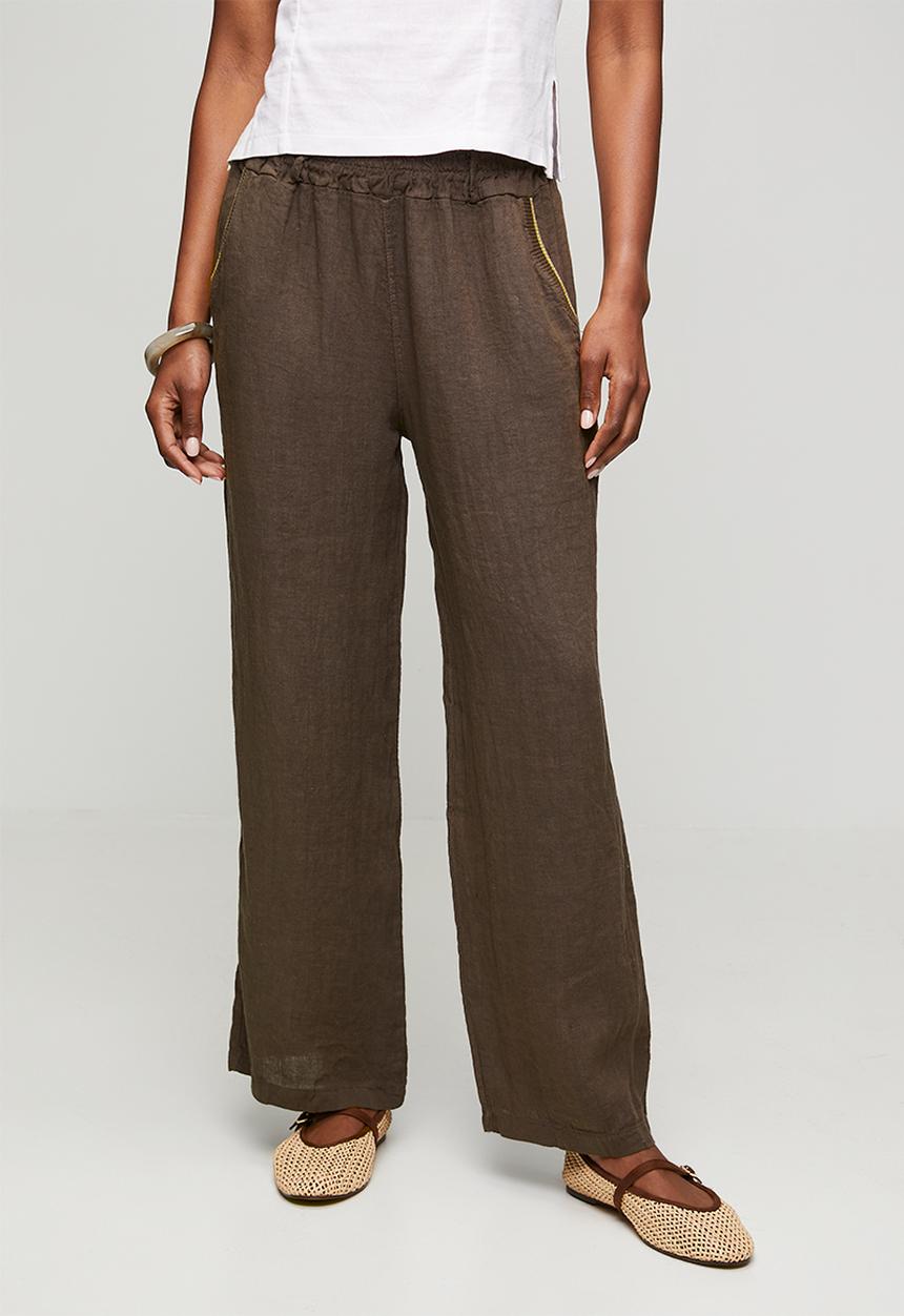Stella Morgan - Made In Italy Elasticated Pull On Wide Leg 100% Linen Pant - Chocolate