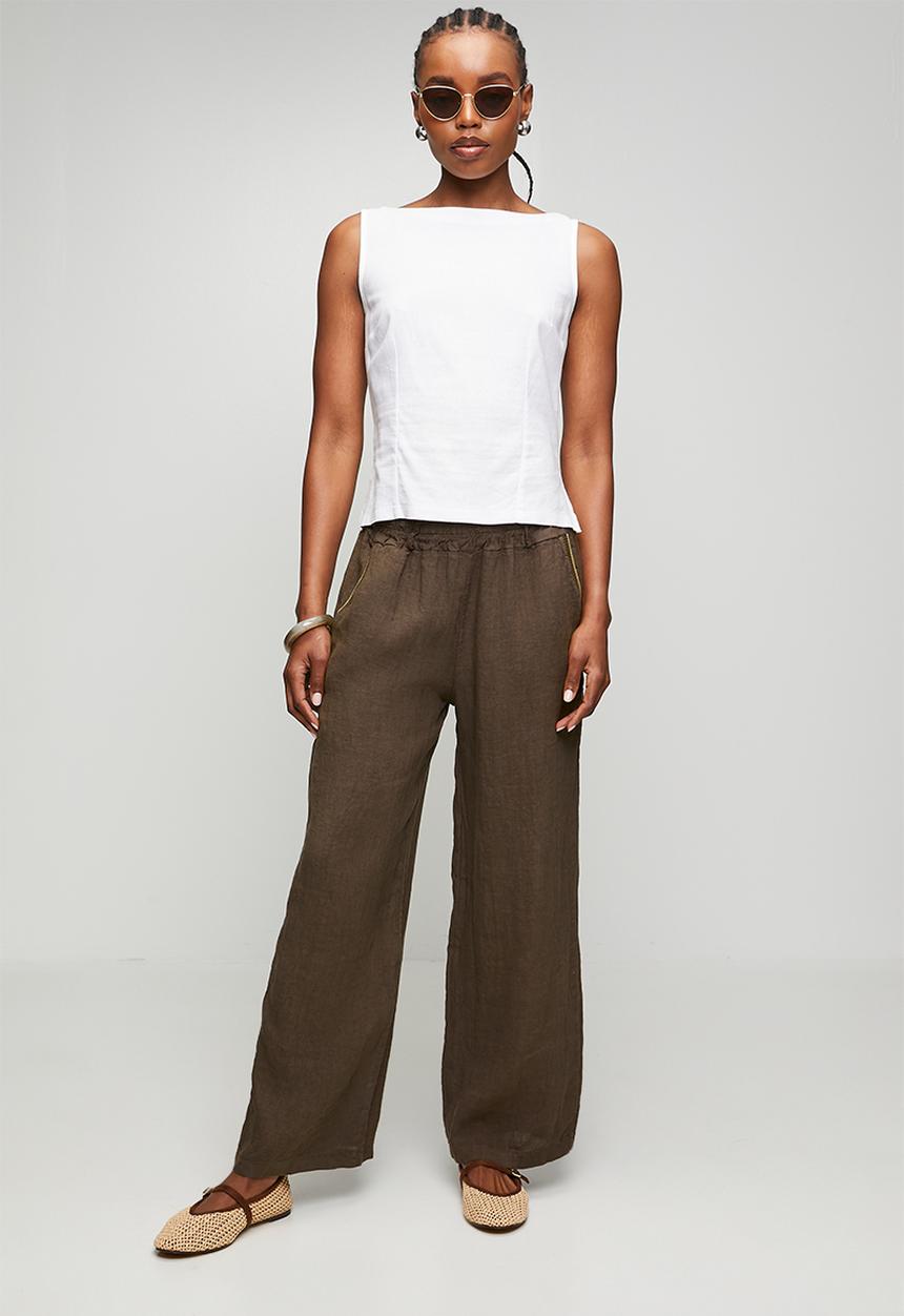 Stella Morgan - Made In Italy Elasticated Pull On Wide Leg 100% Linen Pant - Chocolate