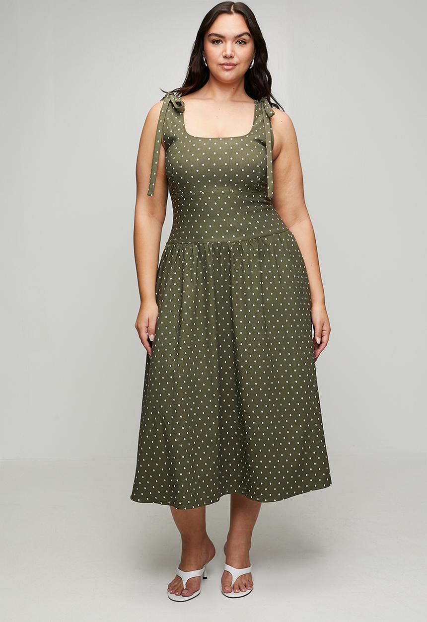 Me&B - Plus Bengaline Stretch Dress With Shoulder Tie Detail - Green Spot