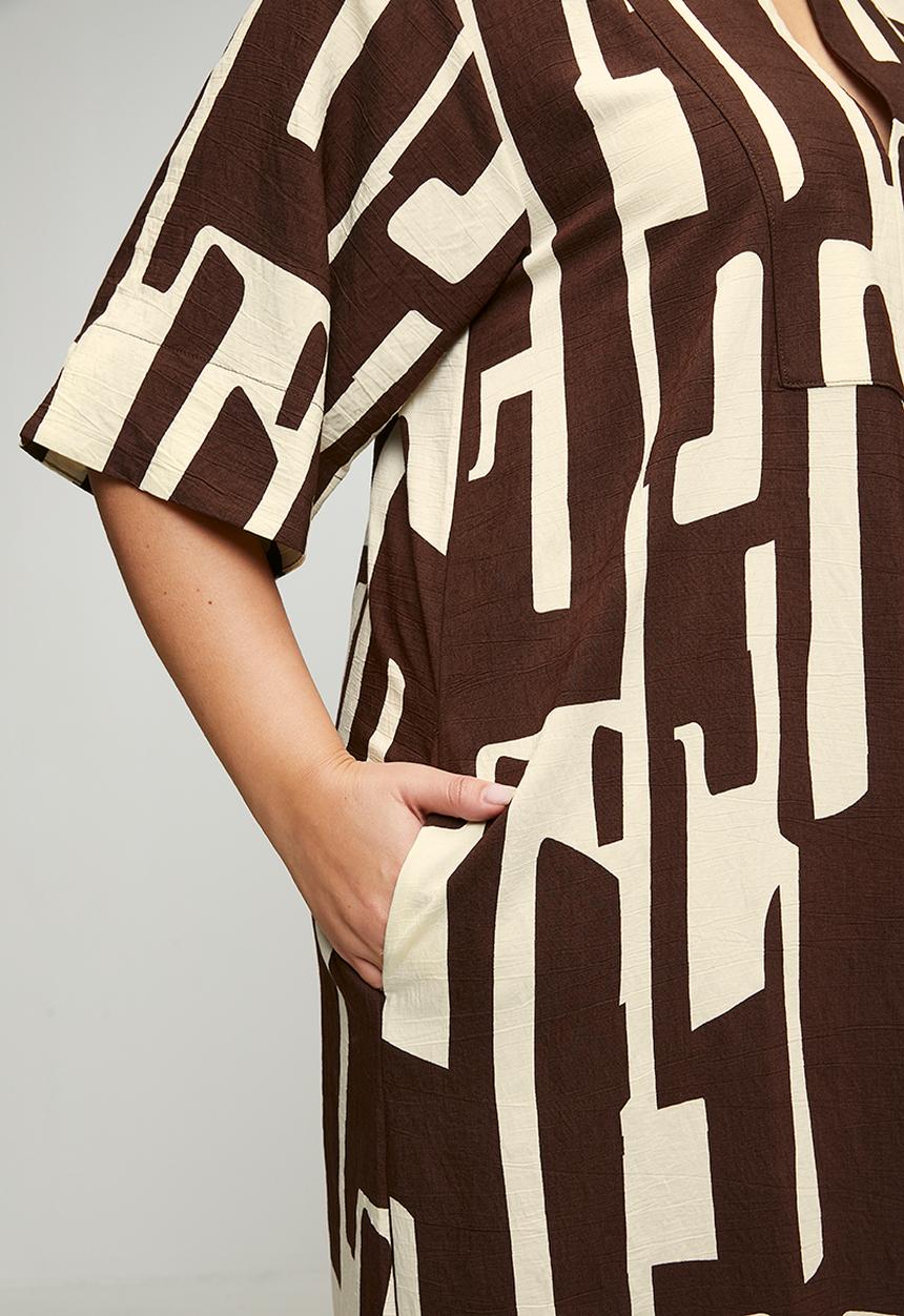 Me&B - Plus Bib Front Tunic Maxi Dress - Choc/BananaPrint