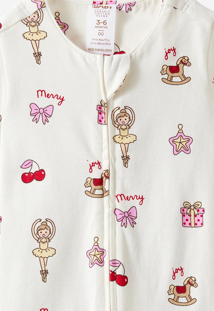 Cotton On - Growie Short Sleeve Zip Romper - Vanilla/Christmas Ballerina