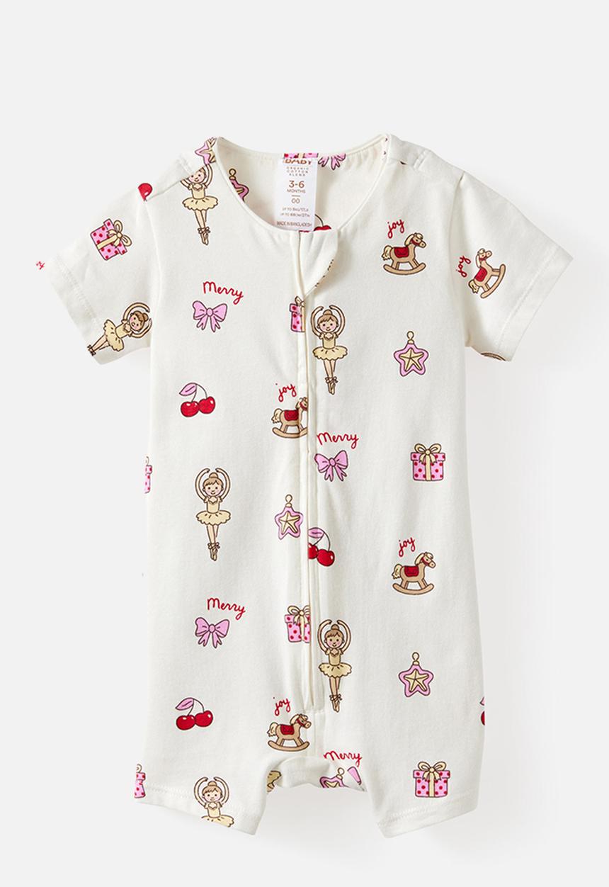 Cotton On - Growie Short Sleeve Zip Romper - Vanilla/Christmas Ballerina