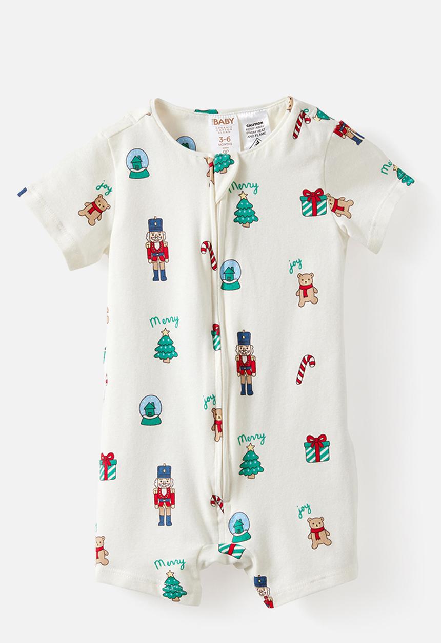 Cotton On - Growie Short Sleeve Zip Romper - Vanilla/Christmas Nutcracker