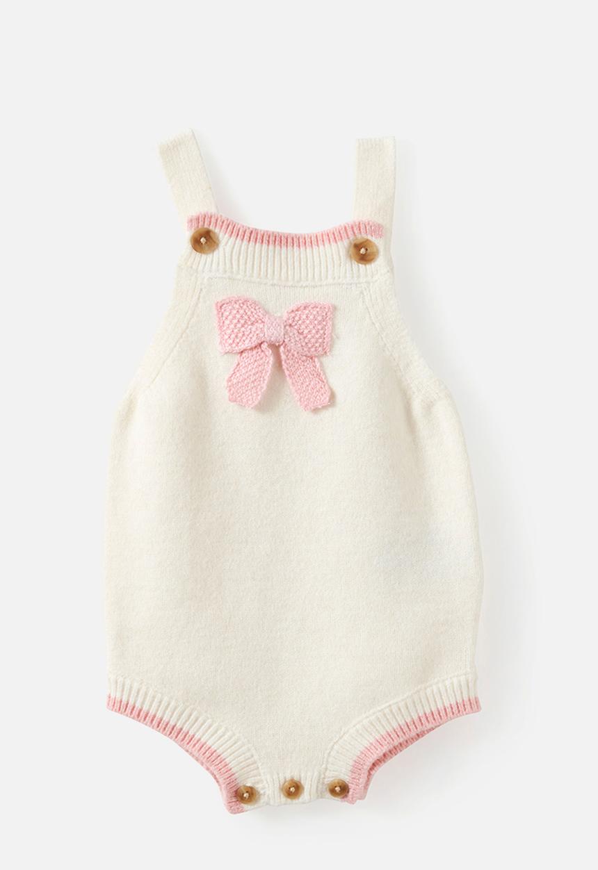 Cotton On - Baby Organic Blend Knit Bubbysuit - Milk/Crochet Bow