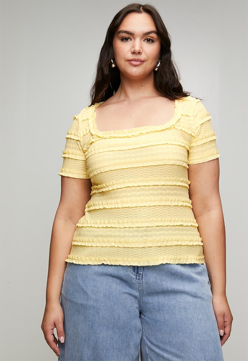Me&B - Plus Square Neck Banana Lace Frill Fitted Tee - Yellow